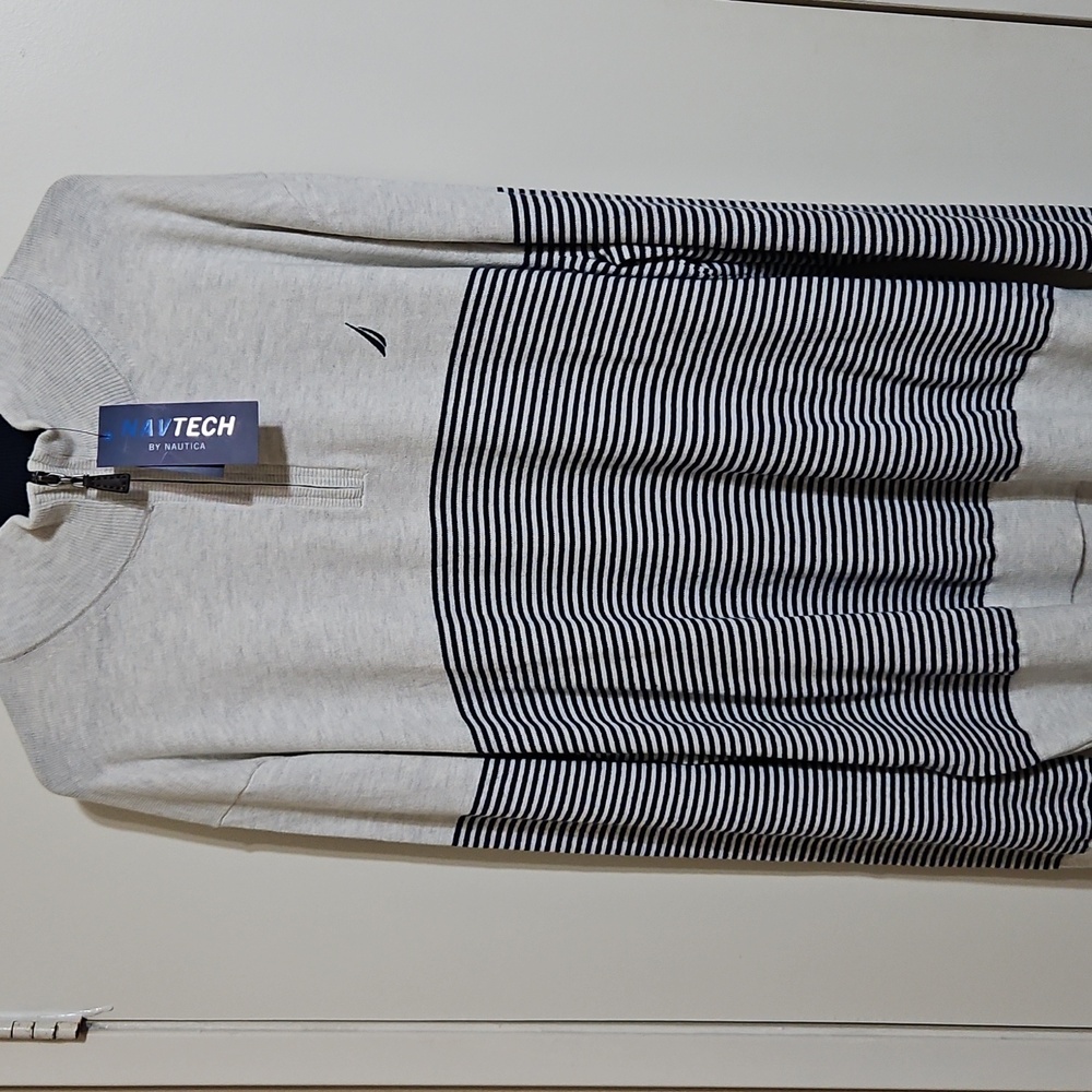 Nautica Cream/ Navy Stripe 3/4 Zipper Sweater Mens Size XXL